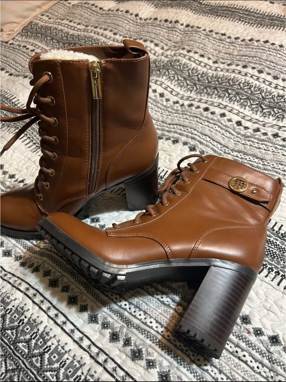 Tommy Hilfiger Cognac Brown Lace-Up Block Heel Ankle Boots